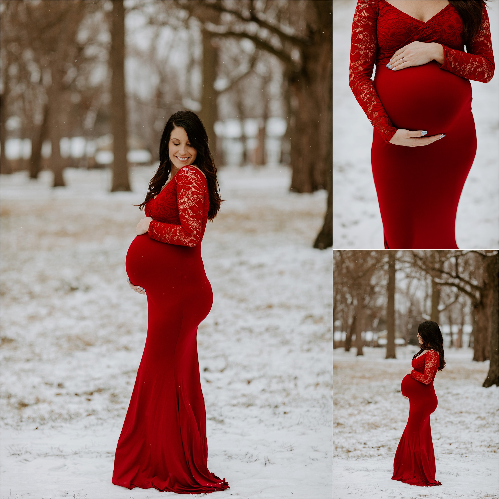 Red dress winter maternity session. Chicago Portrait Photographer