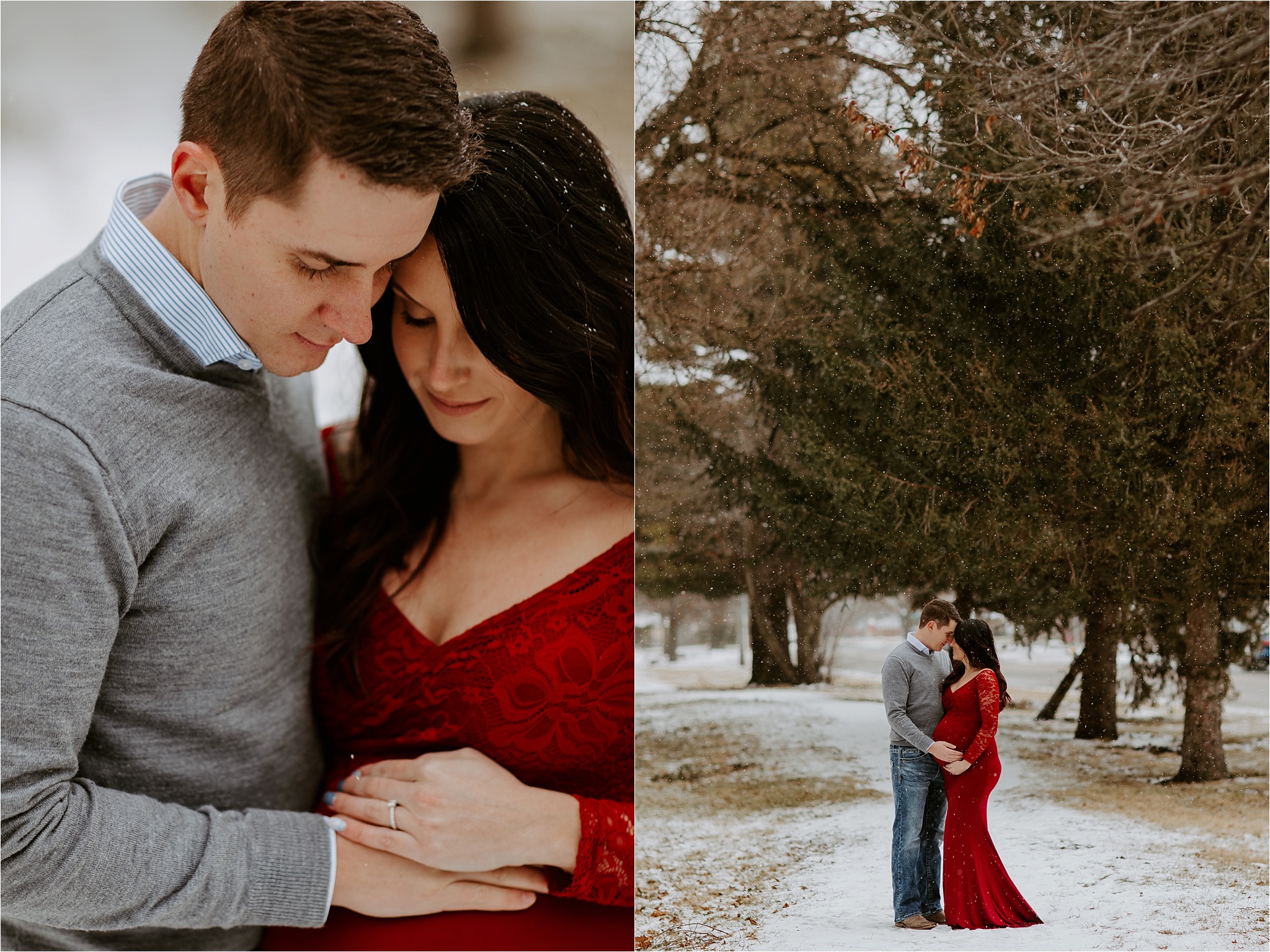 Red dress winter maternity session. Chicago Portrait Photographer